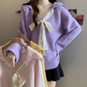 3色/レースリボンVネックニットトップス ・73384 3色/レースリボンVネックニットトップス ・73384