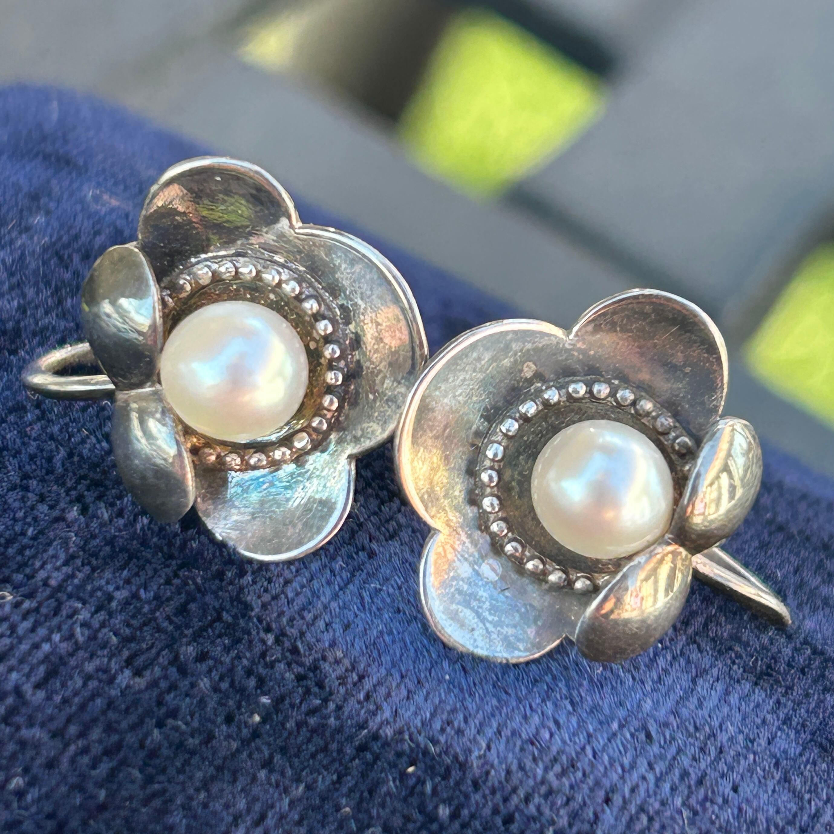 ヴィンテージ　輸出仕様　silverあこや真珠　梅花イヤリング