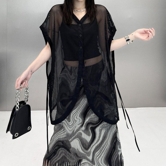 ASYMMETRIC DRAWSTRING MESH LAYERED VEST M-17741