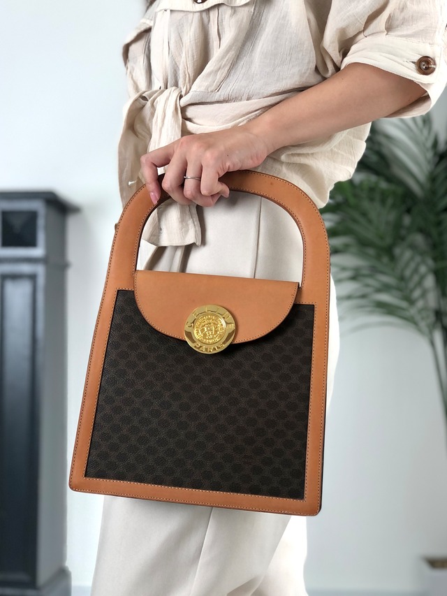 CELINE セリーヌ マカダム ハンドバッグ ブラウン メダル PVC レザー vintage ヴィンテージ オールド gkav3f