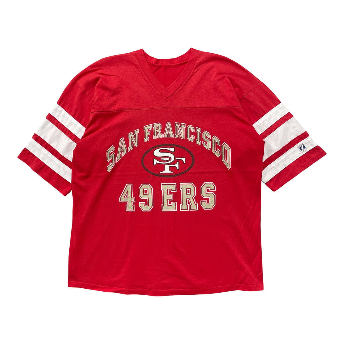 90s LOGO7 セブン フットボールTシャツ NFL 49ERS 赤 古着 90S LOGO7 ロゴセブン NFL サンフランシスコ49ERS Vネック
