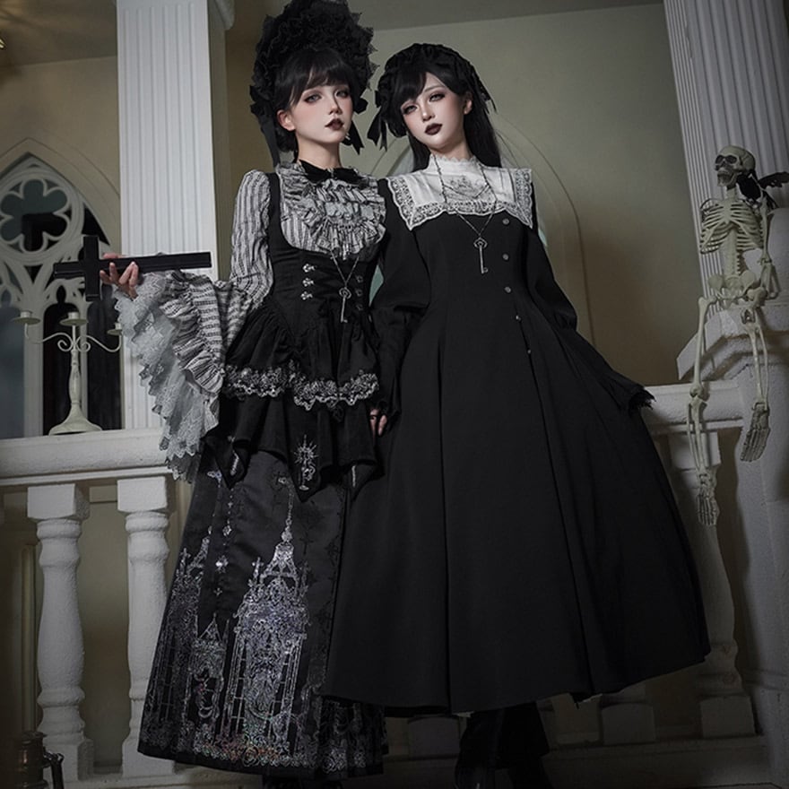 ゴスロリ 6点 セット ストライプ 姫袖 ブラウス コルセット ボンネット