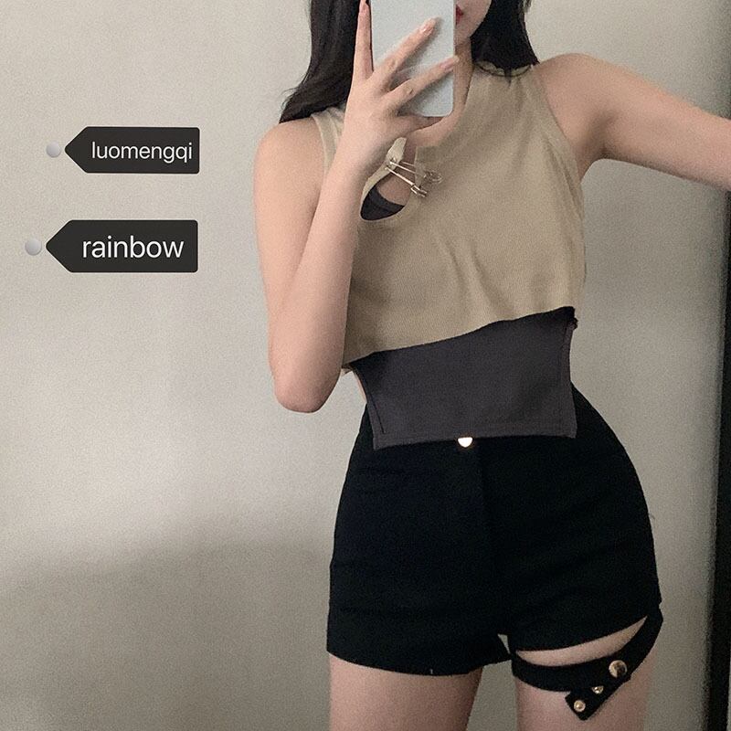 積み重ねられたショートベスト女性の夏露出した臍の小さなスリングセクシーなスケミングシャツとボトムスのシャツ ブラックストロベリース667637319