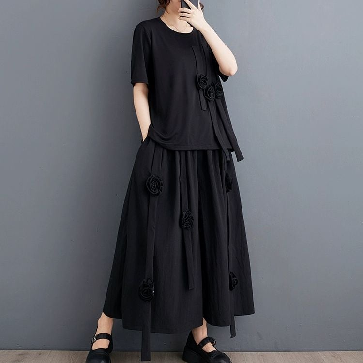 3D FLOWER TRIMMED RIBBON T-SHIRT & WIDE LEG PANTS SET 2colors M-9372