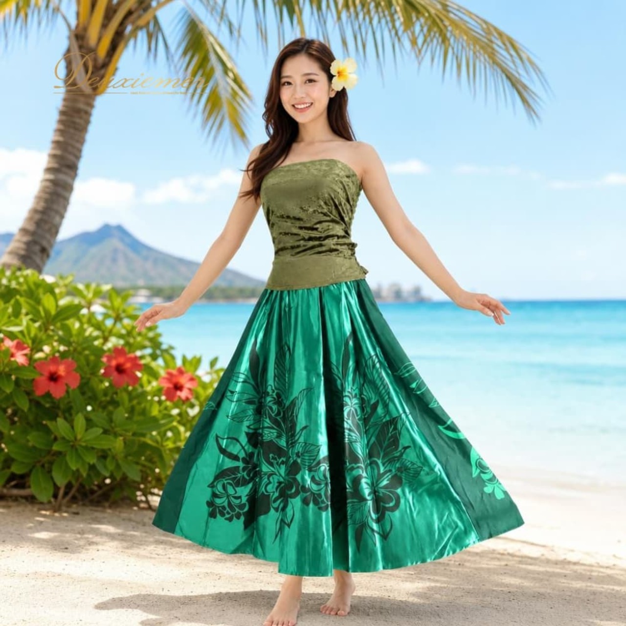 フラダンス 衣装 ALOHA STANDARDS アロハスタンダード ツーピース セットアップ 上下セット グリーン系 日本製 ワントーン 光沢 チューブトップ ハイビスカス柄 かわいい 華やか 鮮やか 明るい 緑 ハワイアン アロハ ダンス レッスン 練習