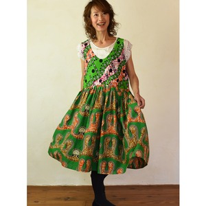 アフリカ布柄ミックスノースリーブワンピース