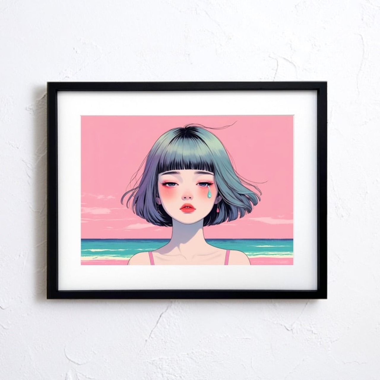 Pink Tide Tears｜涙と海が溶け合うボブヘア少女のアートポスター｜感情を映すピンクの空と静かな波｜モダン人物画｜A4ポスター