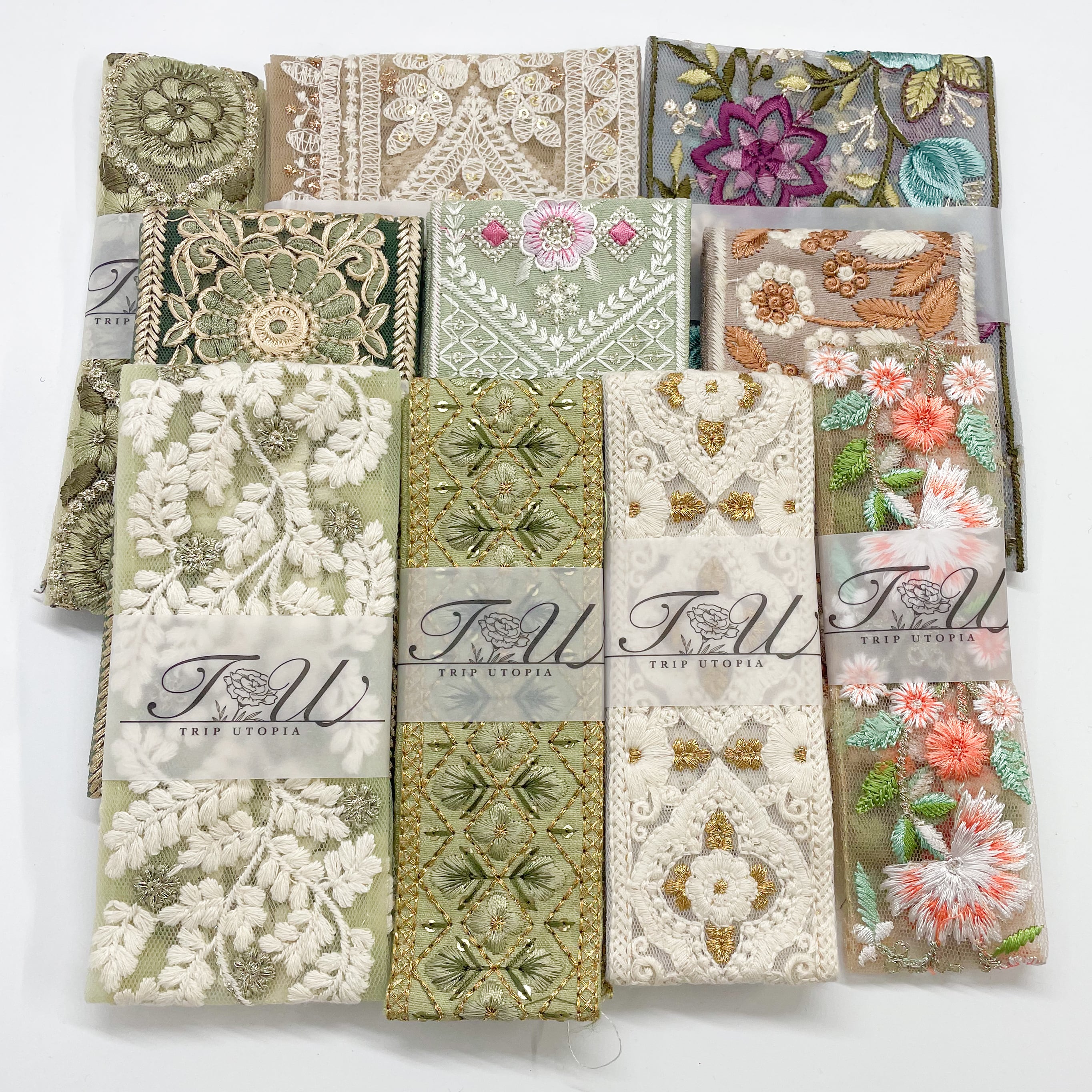 数量限定】グリーン系インド刺繍リボンセット1（50cmカット10本入り
