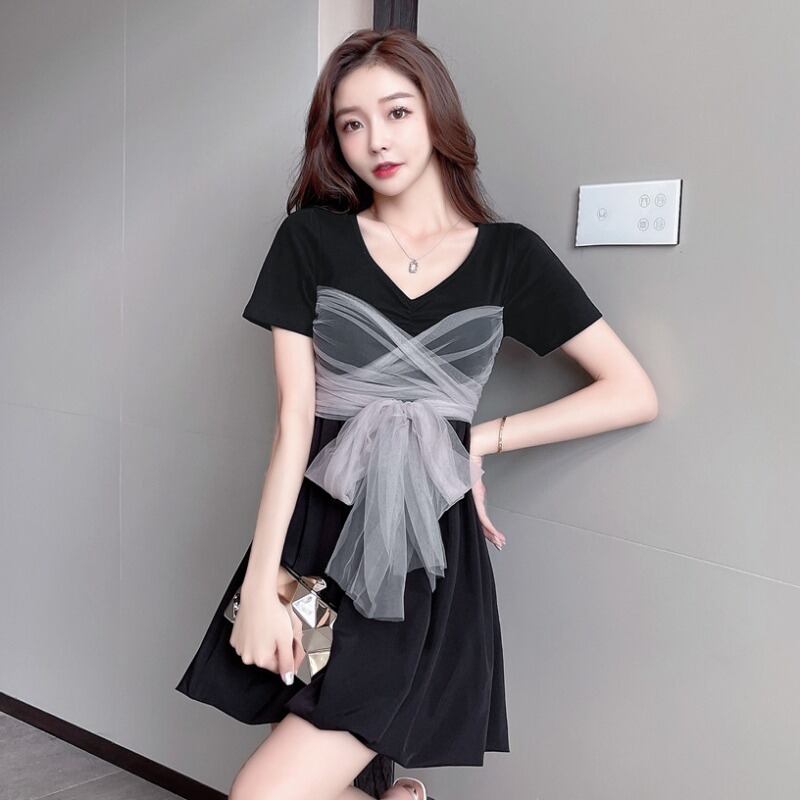 ブラックドレス スタンダードVネックウェストAラインレディース レトロ ふわふわ ステッチ ハンチェンe19488841190