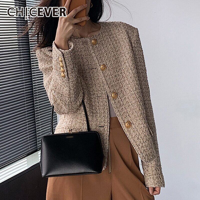 CHICEVERコート女性Oネック長袖織りツイードボタンショートラージサイズコート服スタイル ロング 大きめサイズ 6base568130150504