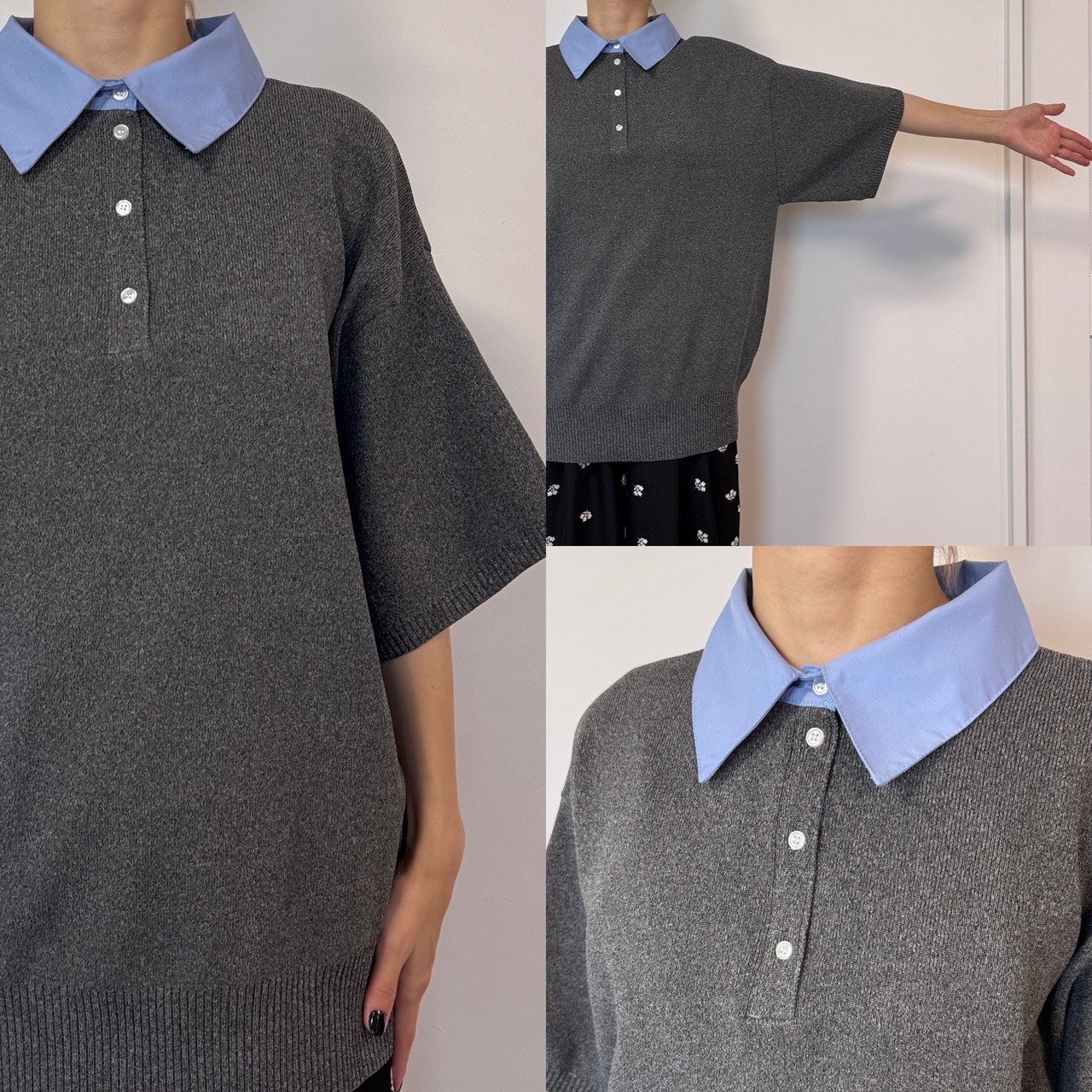 襟付半袖シャツknit/グレー