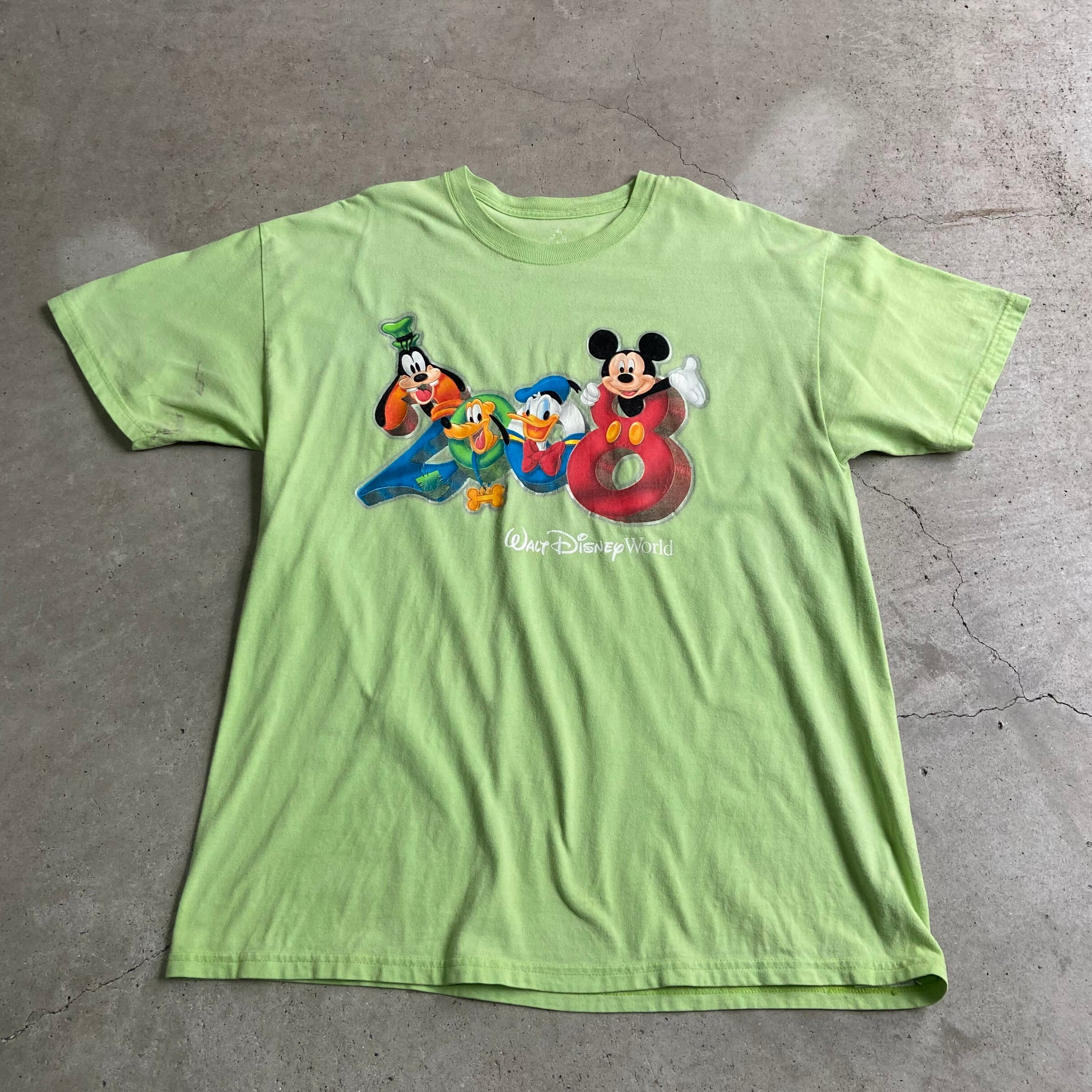00年代 Disney ディズニー world 2008 ミッキー ドナルド グーフィー キャラクターTシャツ メンズL 古着 黄緑  ライトグリーン【Tシャツ】【P2000】 | cave 古着屋【公式】古着通販サイト