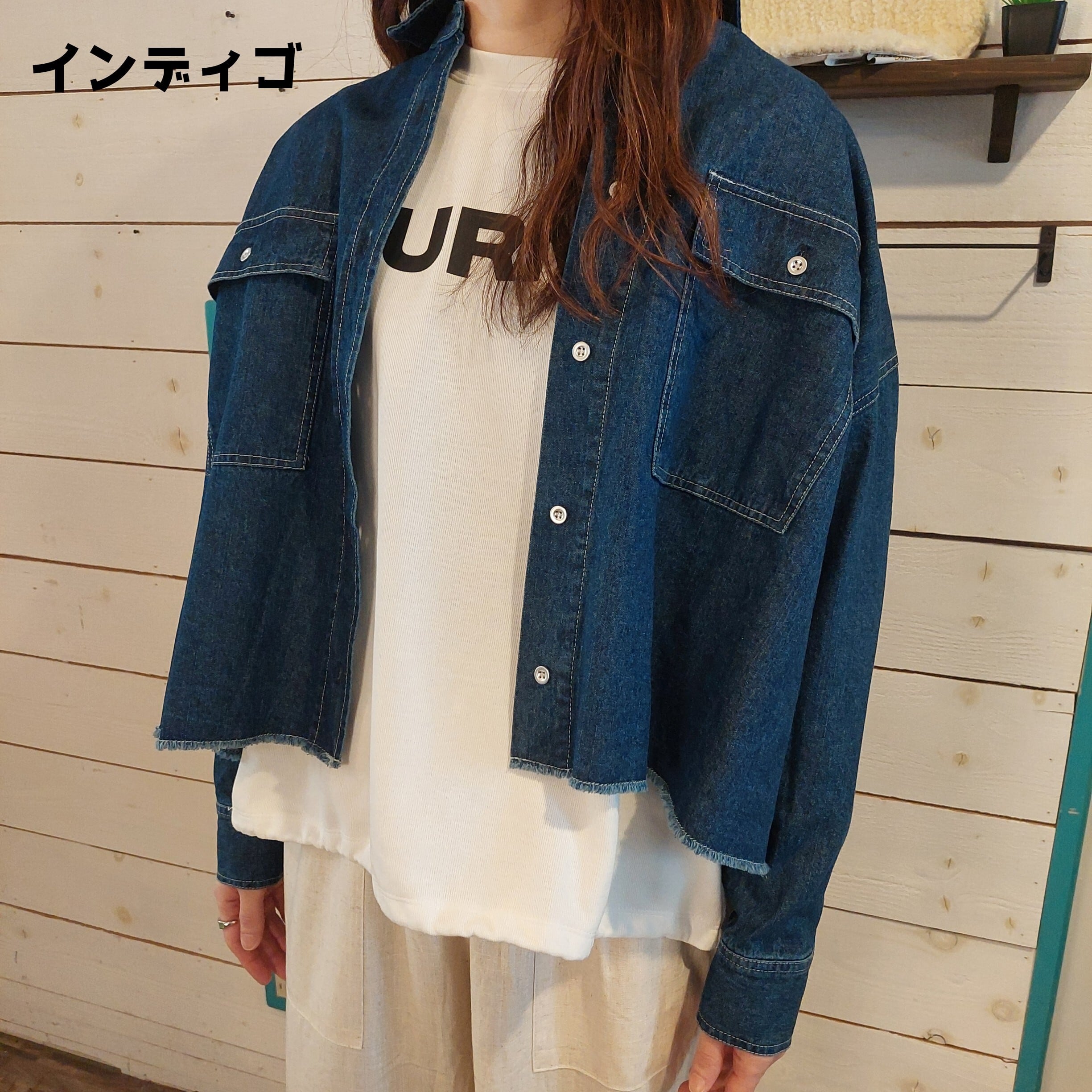 『People's』6014 ムラ糸デニムビッグシャツジャケット　フリーサイズ　短丈ジャケット