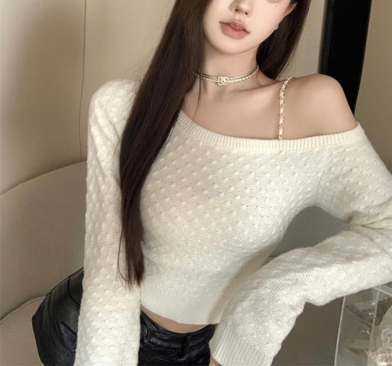 2色♡チェーンワンショルダー肩出しニットトップス | selectshop