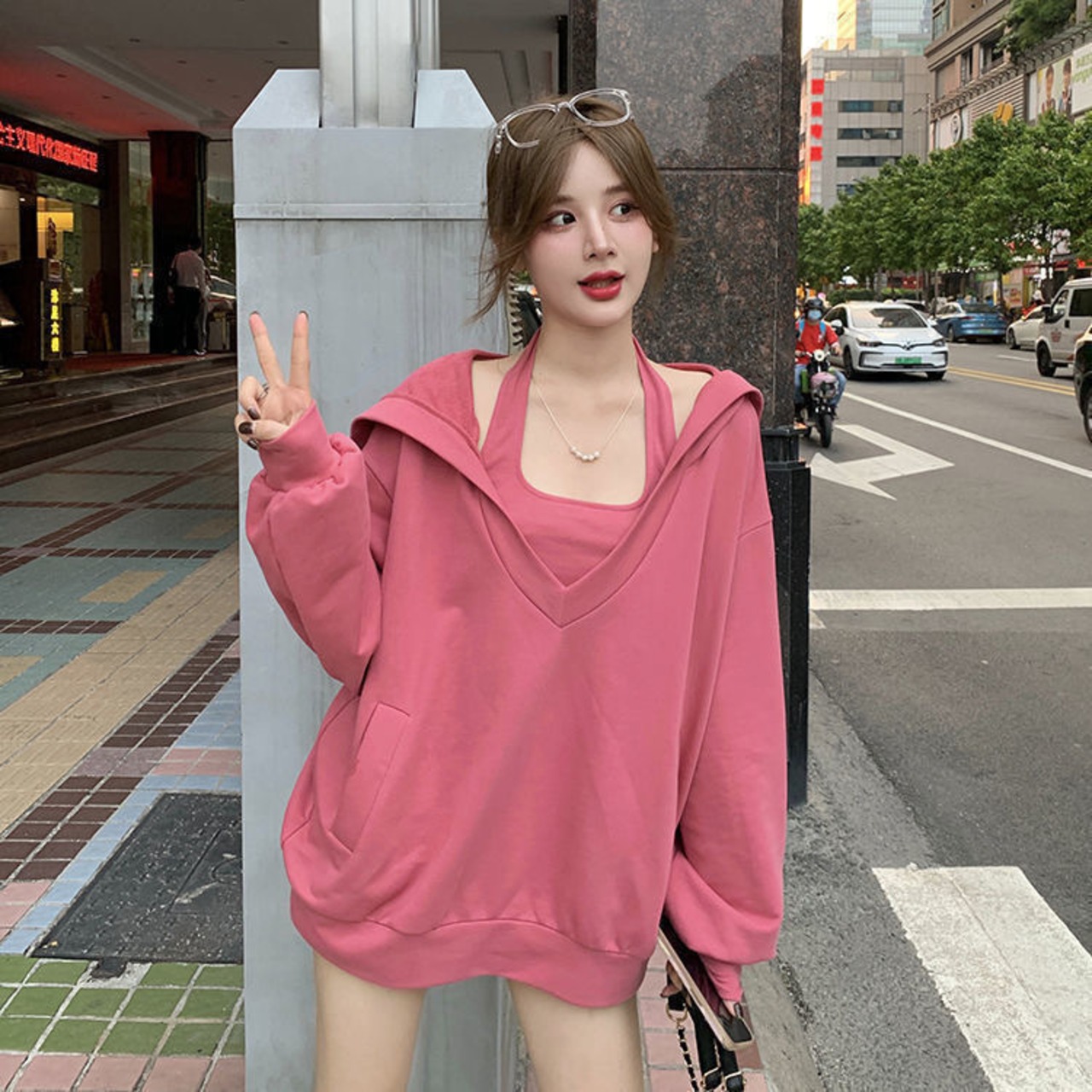 すっきり美人見え 上着 ショートパンツ フェイク2ピース 3点セット 