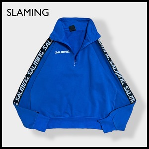 【SLAMING】ワンポイントロゴ プリント 袖ロゴ ハーフジップ スウェット プルオーバー ラグランスリーブ ブルー M US古着