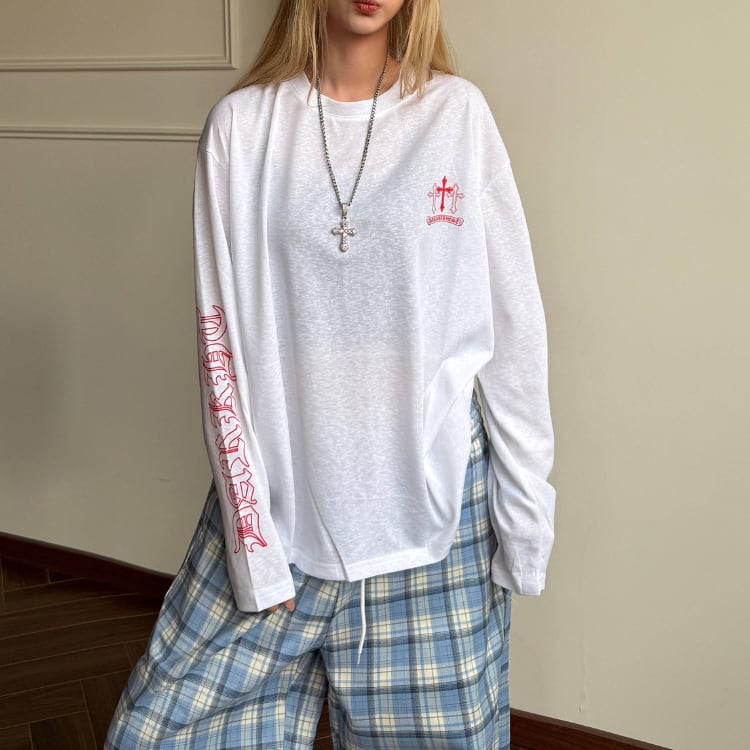 長袖 クルーネック フロント ロゴプリント Tシャツ ◆3col L60116