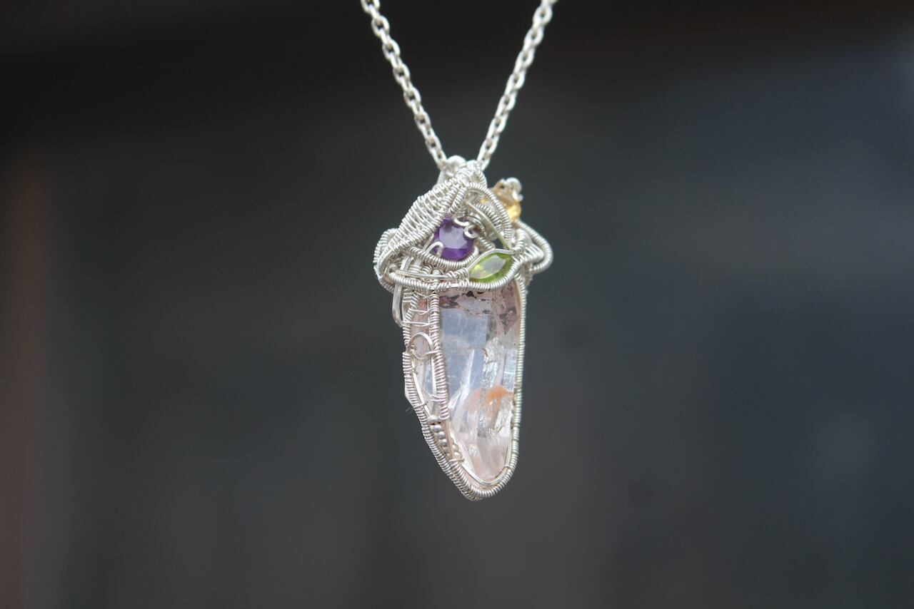 Himalayan crystal & Peridot & Amethyst & Citrin silver925 wire wrapping pendant