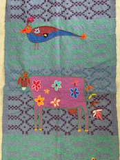 刺繍マルチカバー ロング大 ブルー 鳥と牛モチーフ