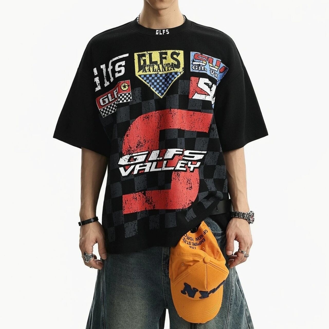 レーシングロゴチェッカーパターンワッフルライクTシャツ 2col   A00121