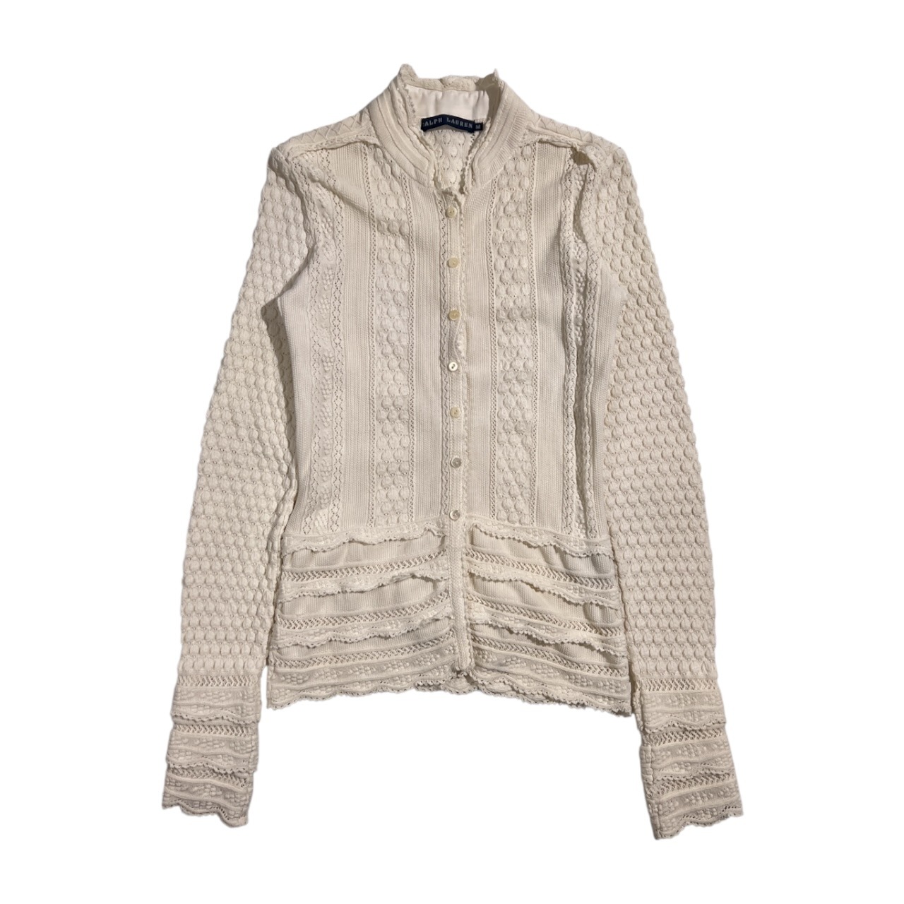 RALPH LAUREN ラルフローレン コットン レース フリル ニット カーディガン M /ホワイト アイボリー系 レディース
