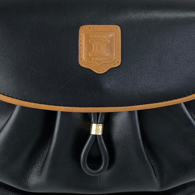 CELINE セリーヌ ショルダーバッグ ブラック×ブラウン ブラゾン型押し PVC レザー フラップ vintage ヴィンテージ オールド f8fsrs