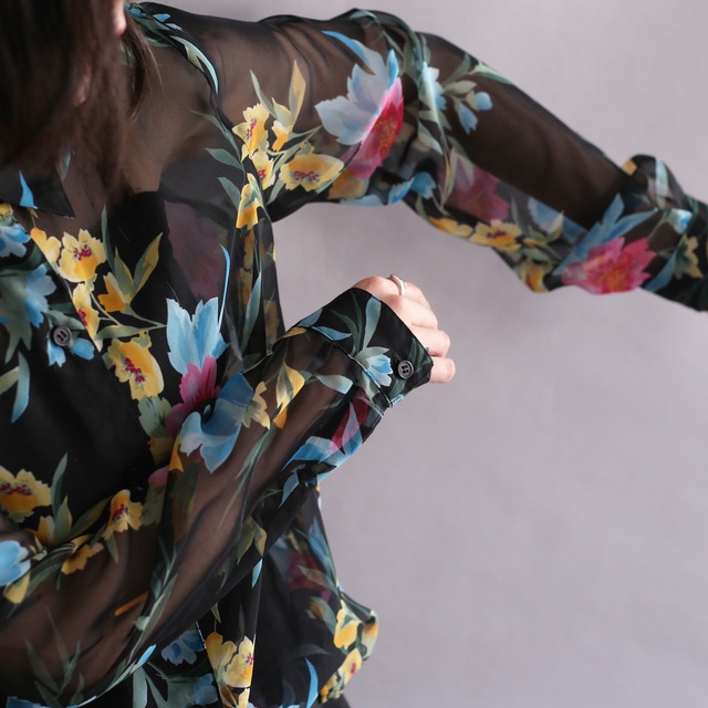 black base colorful flower l/s see-through shirt