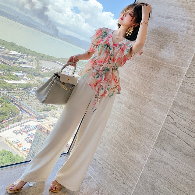 Flowerデザイン ベルト ウェストハイウェストワイドレッグサマースタイル 夏物 ハーネス ワイドパンツ フラワーデザイン MIUCO48838884390