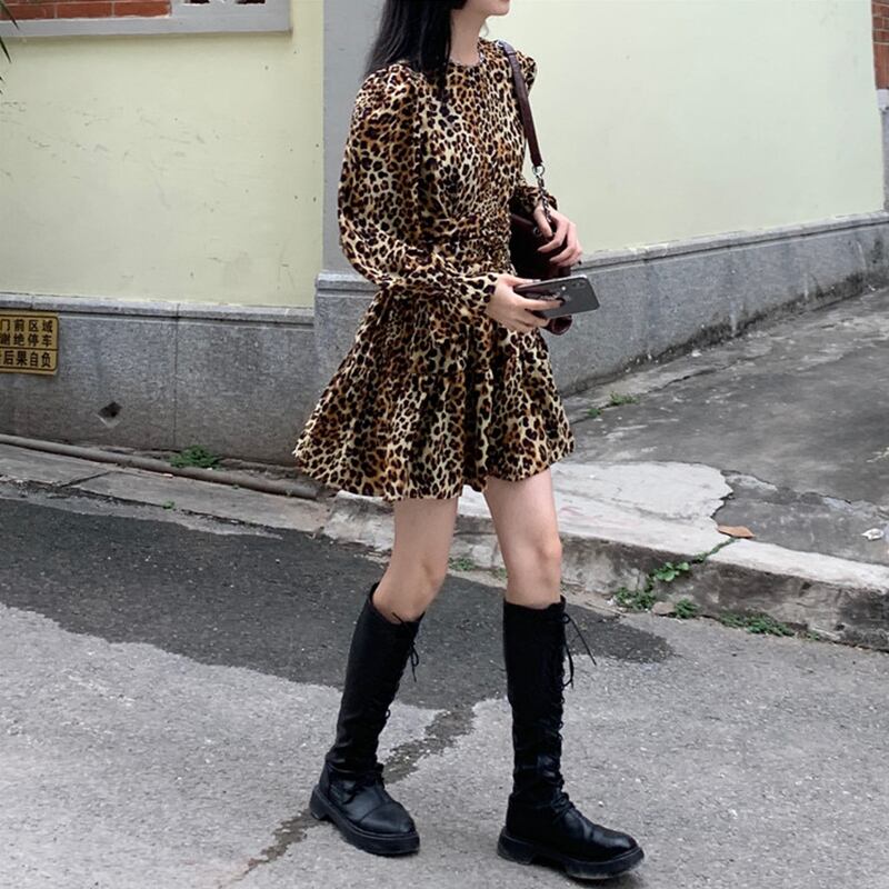 スタンダードスタイルレオパードプリント柄ドレス スプリングスリーブウェストスリムスカート レトロ 春物 萌量不足89632118019