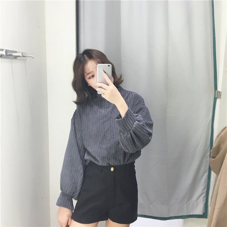 B1155 ニット コーデュロイ トップス ハイネック 韓国 レディース 秋冬