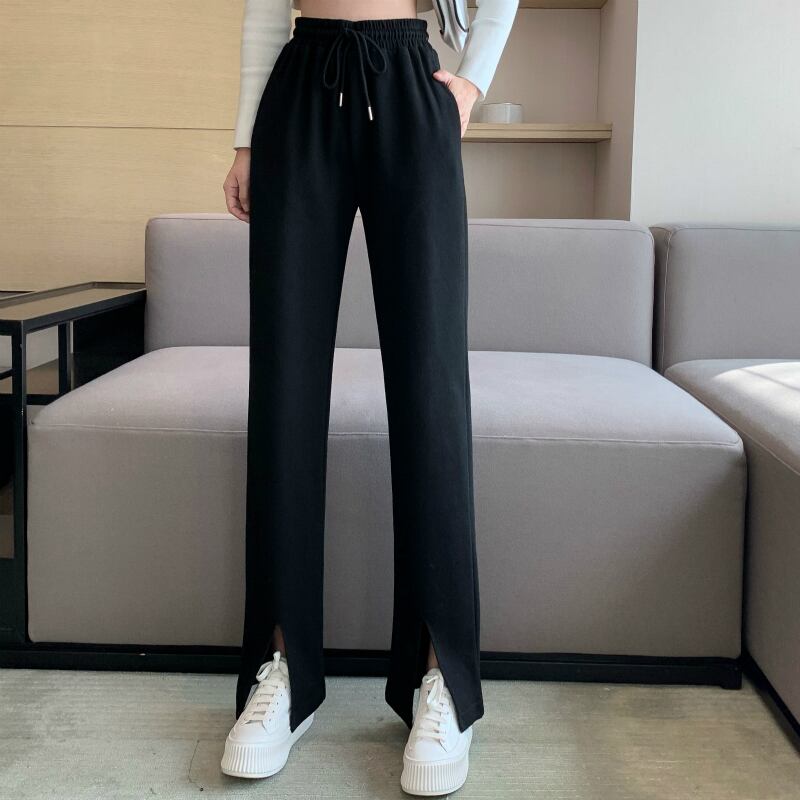 ワイドレッグパンツ ハイウェストウェストスリムスプリングオータムルーズ 春物 秋物 ワイドパンツ ブラックストロベリース43706421941