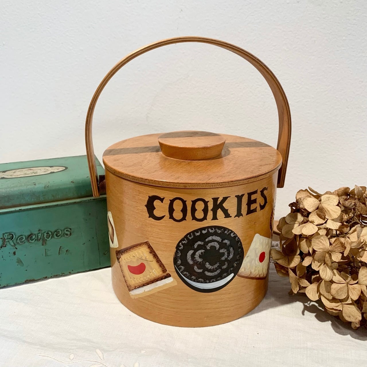 ビンテージ ハンドル付き 木製クッキージャー COOKIES BOX