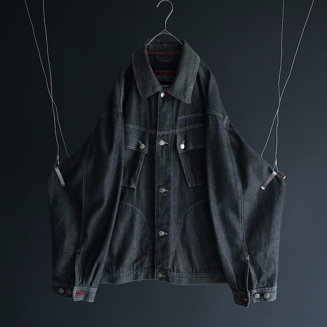 " FUBU " over silhouette diagonal pocket design black denim jacket