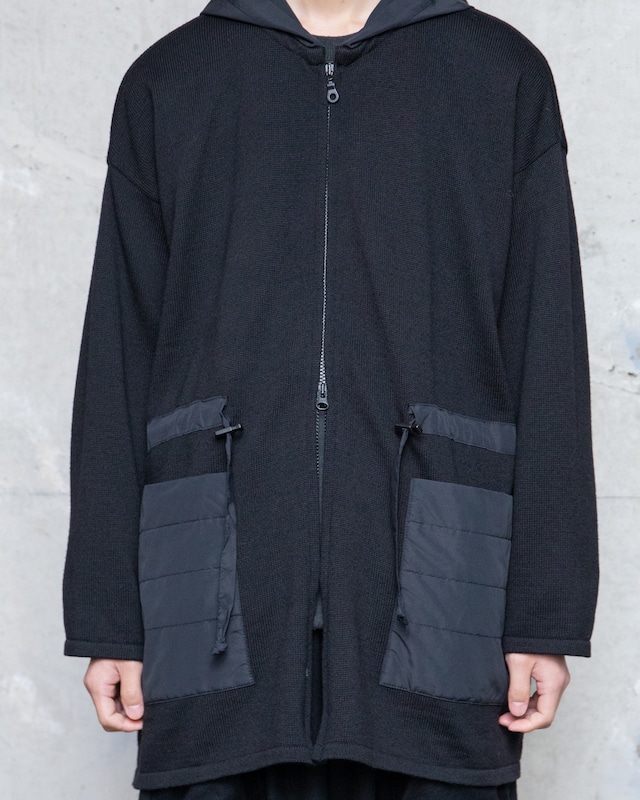 nylon panel design knit zip parka / double zipper / draw cord waist / Made in FRANCE