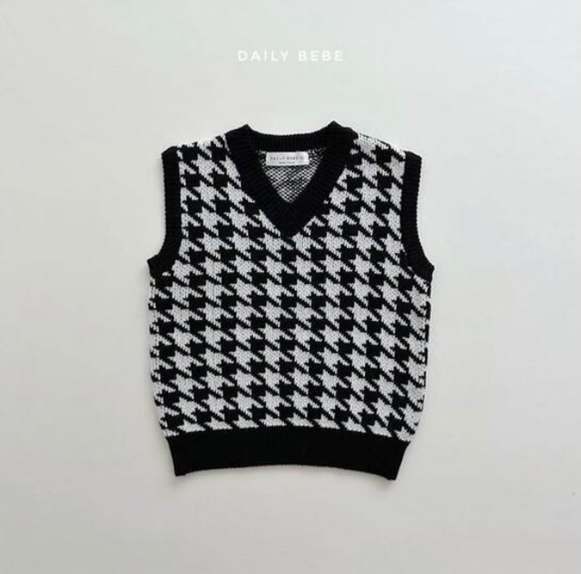 【予約10/6迄】DAILYBEBEトップス Vネック ニットベスト ブラック 千鳥柄秋 韓国子供服ユニセックス 男の子 女の子