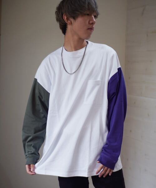 GOOD WEAR (グッドウェア) 袖切り替え ポケット付き スーパービッグ ロングスリーブTシャツ ホワイト/パープル/カーキ 2W7-0502 ロンT 長袖