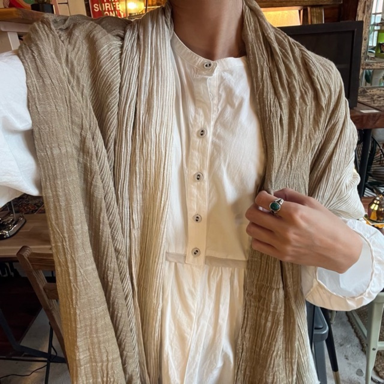 TOPANGA Accessory　Cotton & Linen Scarf Gradation Stripe Khaki コットン＆リネンスカーフ　グラデーションストライプ　カーキ　　scarf　スカーフ　