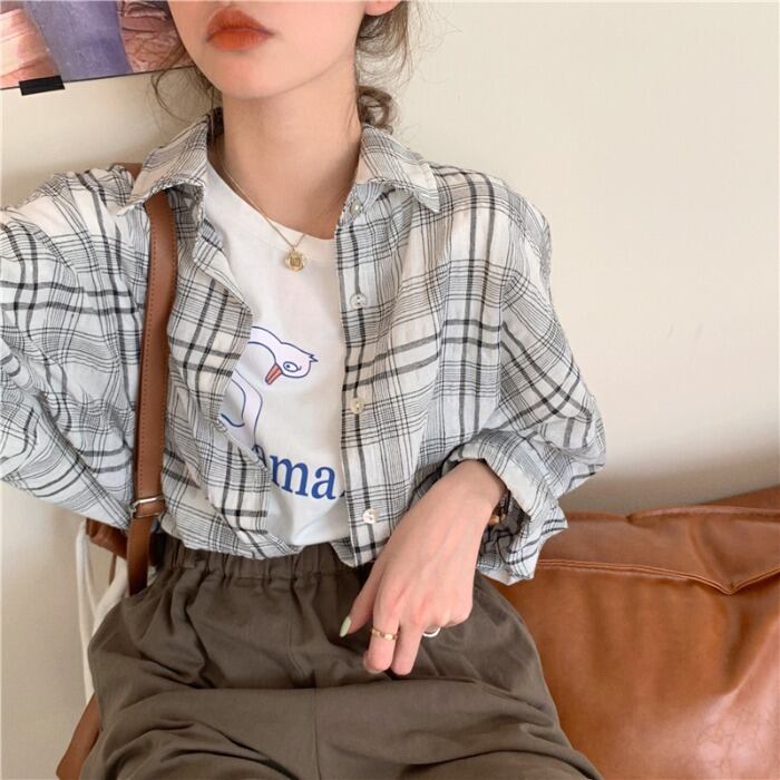 スタンダード格子柄シャツ レディースルーズジャケット スプリング ロング レトロ 春物 モンロー9585016758