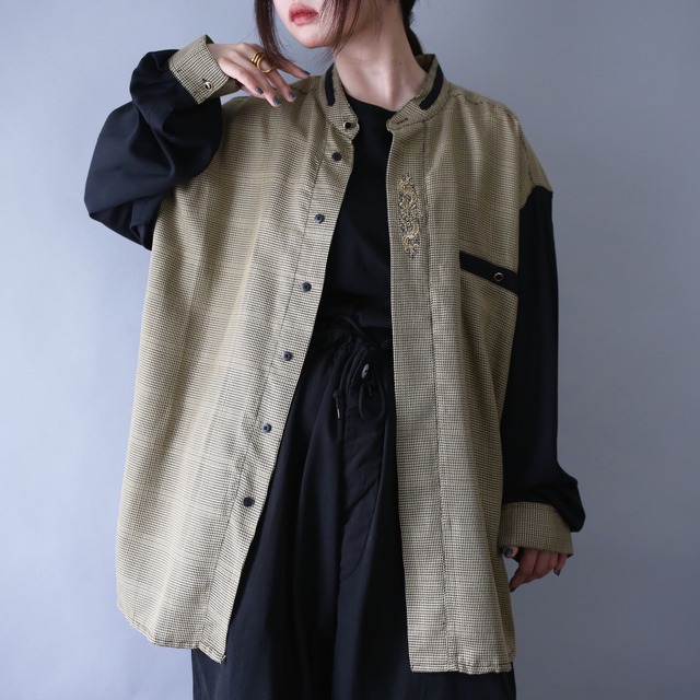 "刺繍" switching pattern fry-front band collar minimal mode shirt