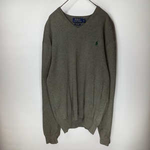 ポロラルフローレン　Vネック　ピマコットン　セーター　刺繍ロゴ　グレー　M