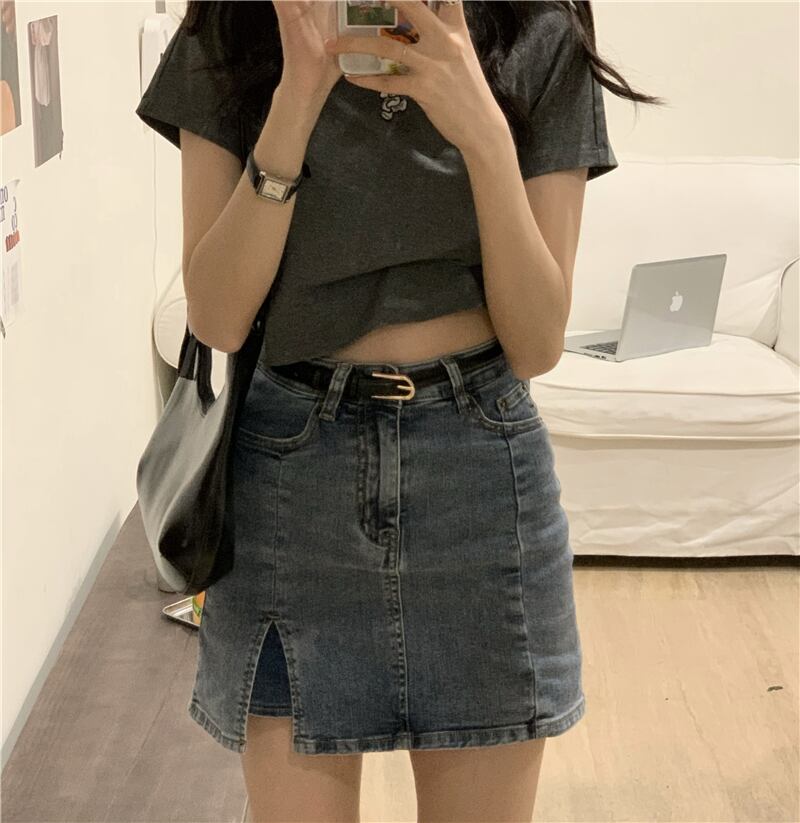 スカート スプリングサマーサイドスリットスタンダードショートハイウェストウェスト レトロ 春物 夏物 ドラファッションホール2909757838