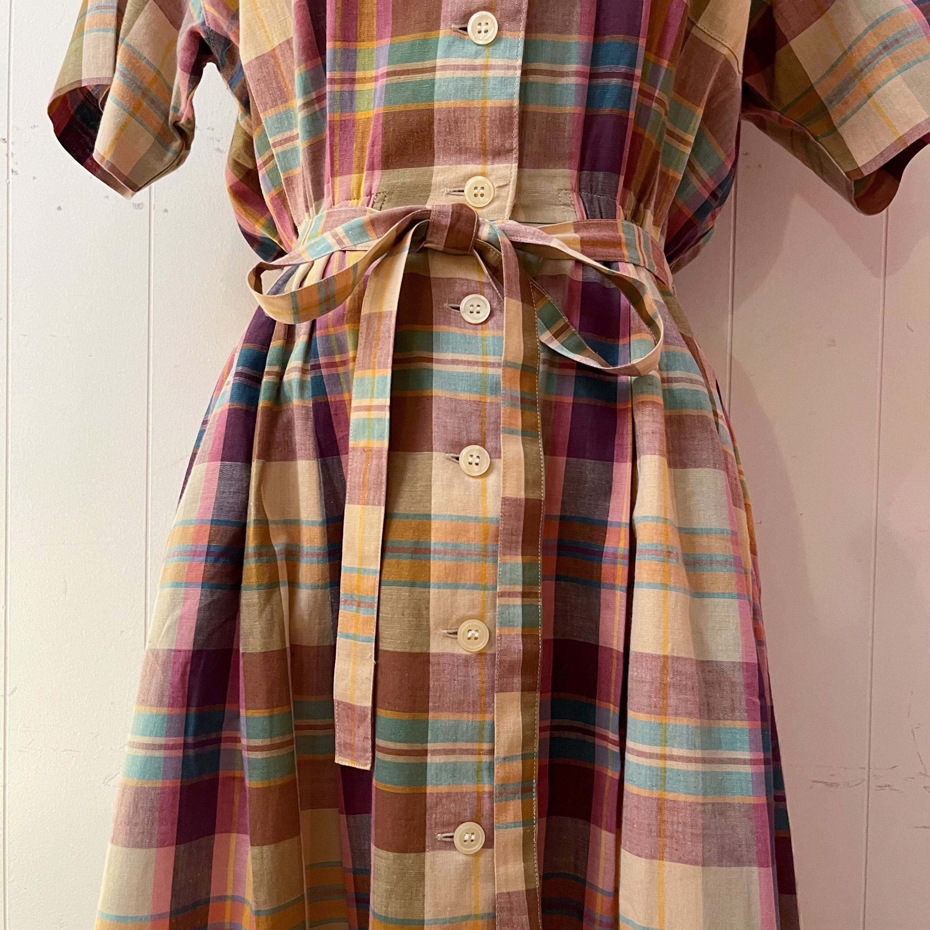 yellow pink check open collar one-piece