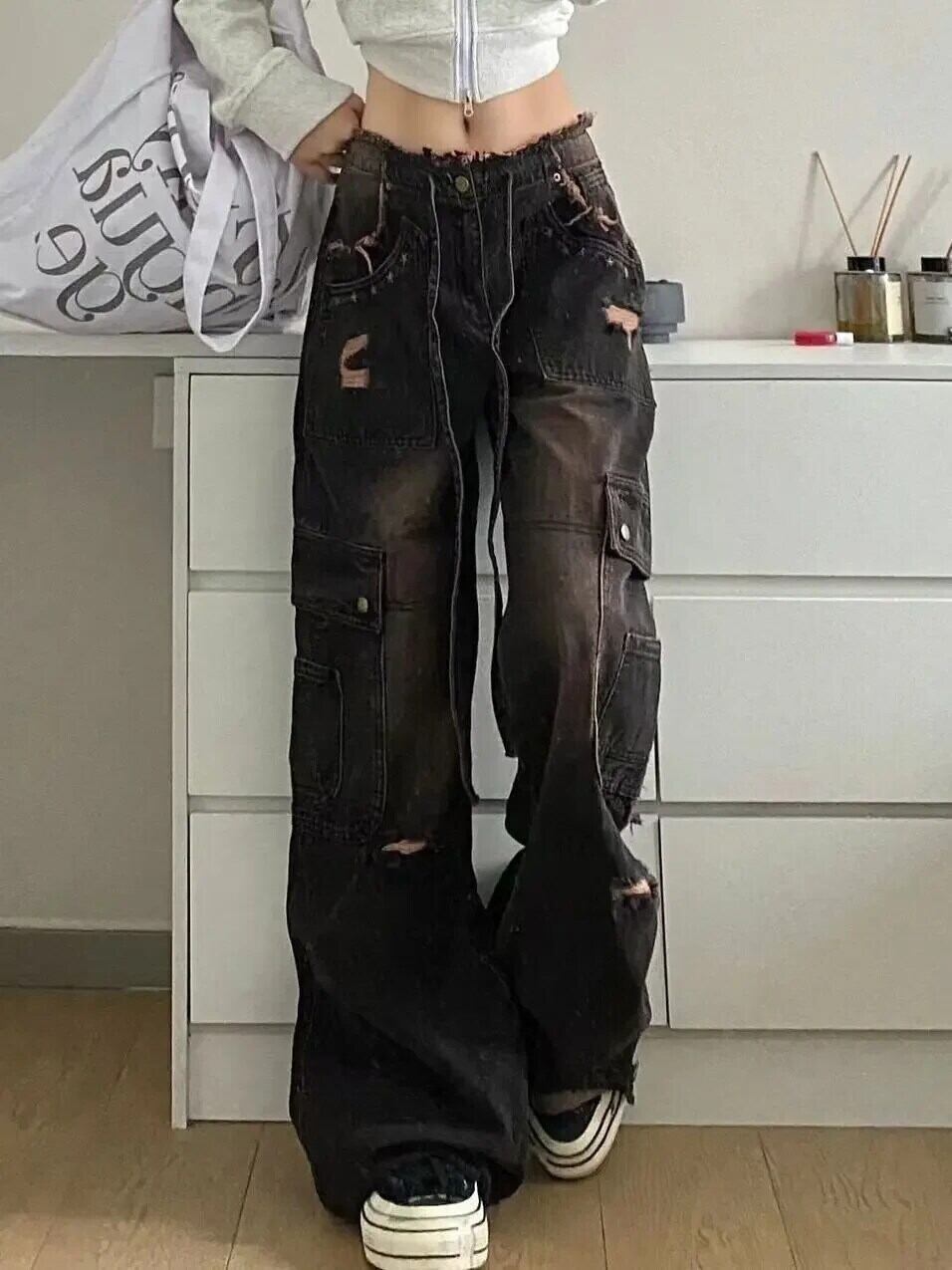 ワイドパンツ ジーンズ デニム ストリート アメリカン レトロ 春と秋の女性のレトロジーンズアメリカンストリート Y2ky