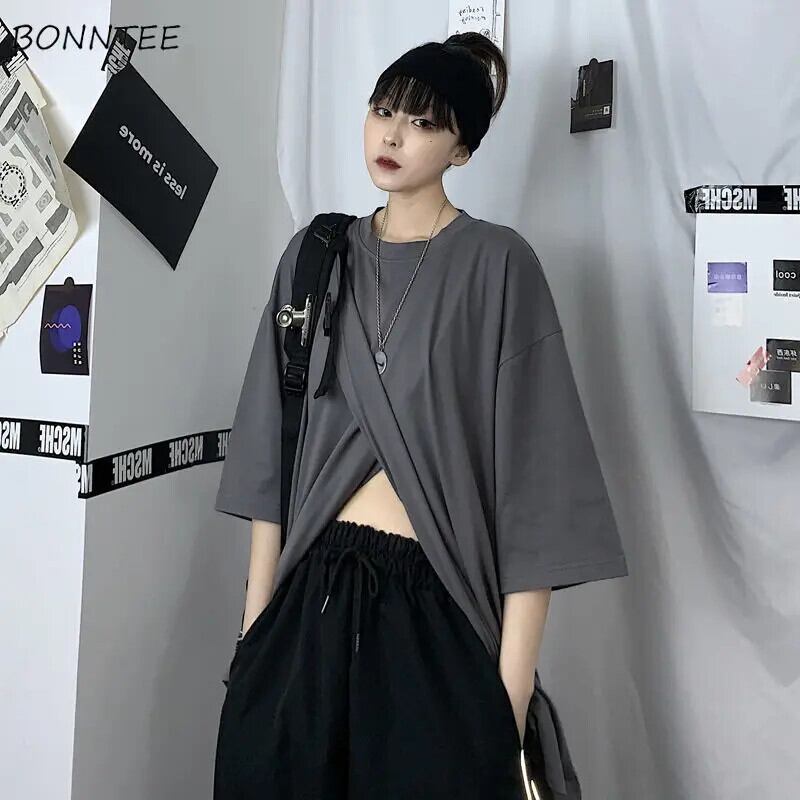 【新作】【送料無料】 Tシャツ女性不規則なゴシックルース原宿ファッションパッチワーク Bf オルカップルトップス固体オールマッチユニセックススリット夏イン 0264463953462