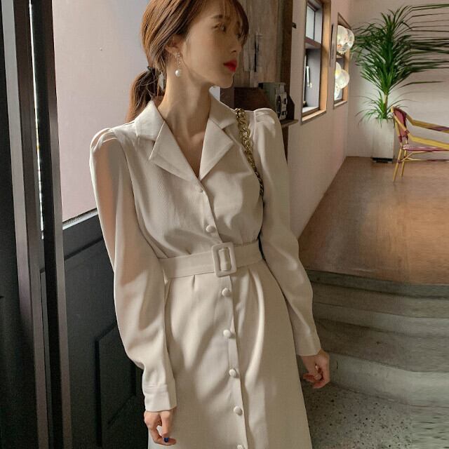 ワンピース レディース ロングワンピ フレア マーメイド シャツワンピ パフスリーブ ベージュ/ブラック S/M/L/XL