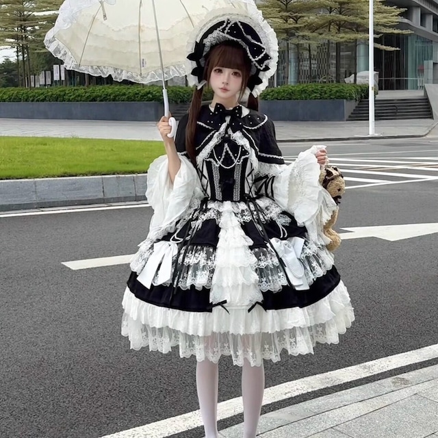 ゴスロリ ドレス ロング丈 レースフリル 3カラー クラシカル姫袖｜WithU
