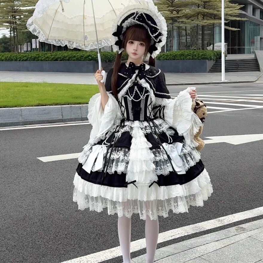 ゴスロリ ドレス ロング丈 レースフリル 3カラー クラシカル姫袖|WithU