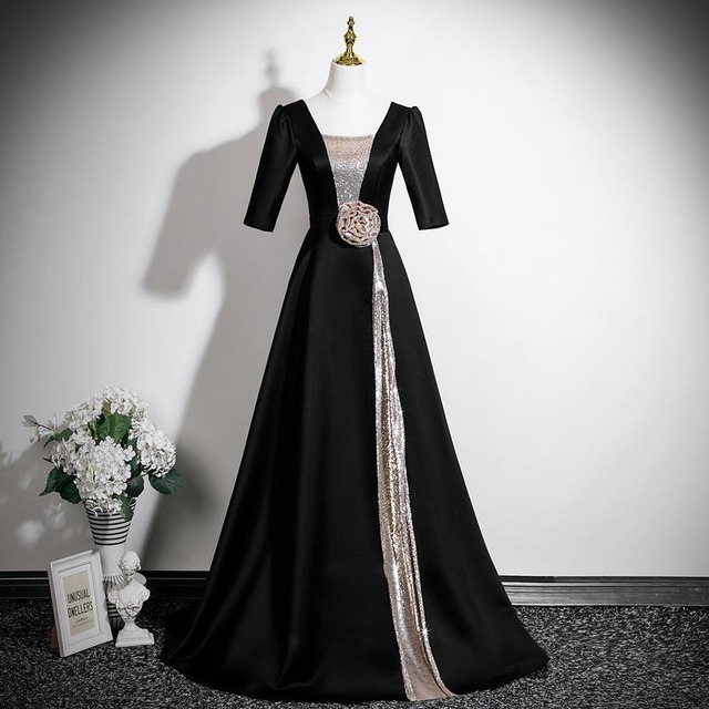 スパンコールコンビハーフスリーブドレス　D1763