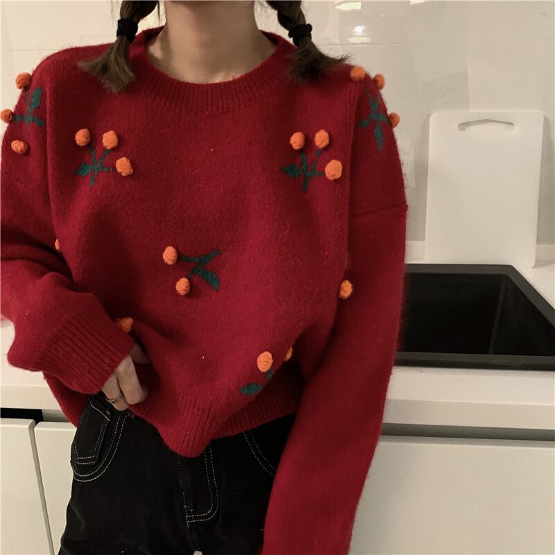 セーター スタンダードルーズショートニットジャケット スプリングレッドトップス レトロ 春物 ブラックストロベリース83257167229