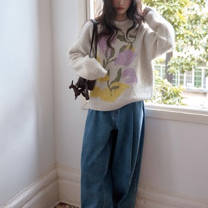 floral crew-neck oversized knit　J00375